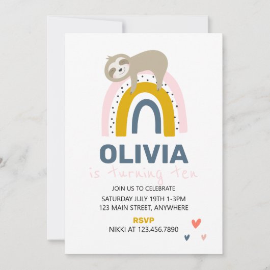 Rainbow Sloth Invitation de fête d'anniversaire (Devant)