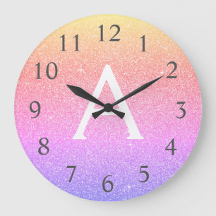 Rainbow Sparkle Glitter Monogram Naam en Initiaal Grote Klok