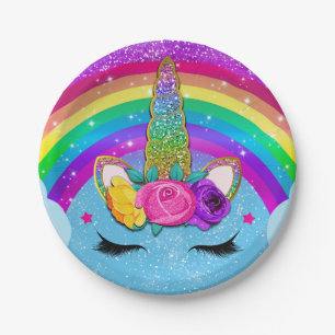 Rainbow Sparkle Glittery Unicorn Horn Face Papieren Bordje