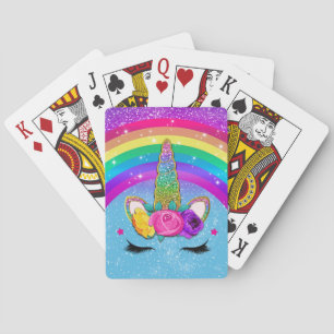 Rainbow Sparkle Glittery Unicorn Horn Face Pokerkaarten