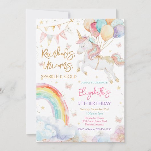 Rainbow Sparkle Unicorn Birthday Invitation (Devant)