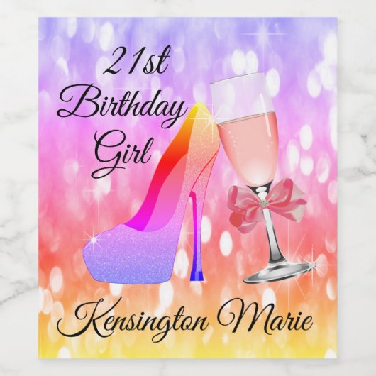 Rainbow Sparkle Verjaardag Roze Mousserende Wijn L Etiket (Enkel label)