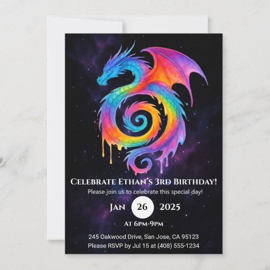 Rainbow Spiral Dragon Birthday Invitation (Devant)