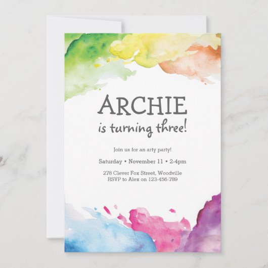 Rainbow splash Art Birthday Party Invitation Kaart (Voorkant)