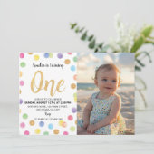 Rainbow Spot Pastel 1e verjaardag foto uitnodiging (Staand voorkant)