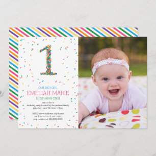 Rainbow Sprinkles 1st Birthday Party Invite Kaart