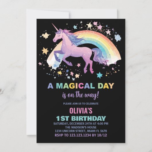 Rainbow Star Unicorn Invitations d'anniversaire (Devant)