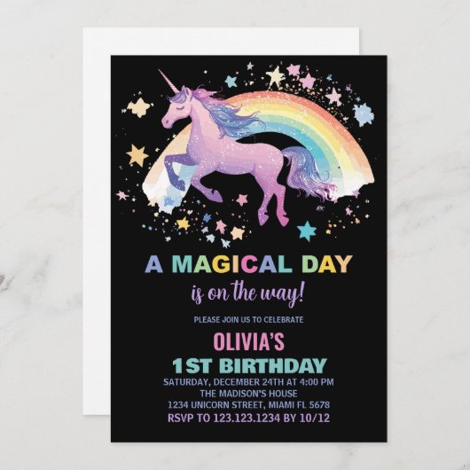 Rainbow Star Unicorn Invitations d'anniversaire (Devant / Derrière)