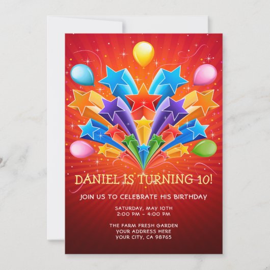 Rainbow Starburst Balloon 10th Birthday Invitation Kaart (Voorkant)