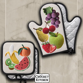 Rainbow Stickerbomb Crochet Fruit Collage Ovenwant & Pannenlap Set