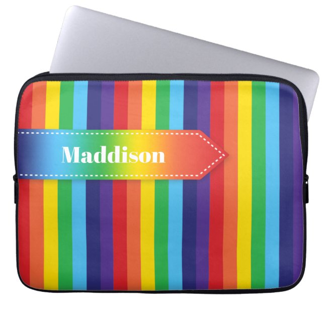 Rainbow Striped Electronics Sleeve met naam (Voorkant)