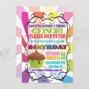 Rainbow Sunburst Cupcake Birthday Party Invitation Kaart
