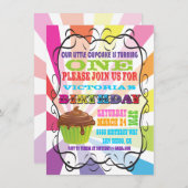 Rainbow Sunburst Cupcake Invitation de fête d'anni (Devant / Derrière)