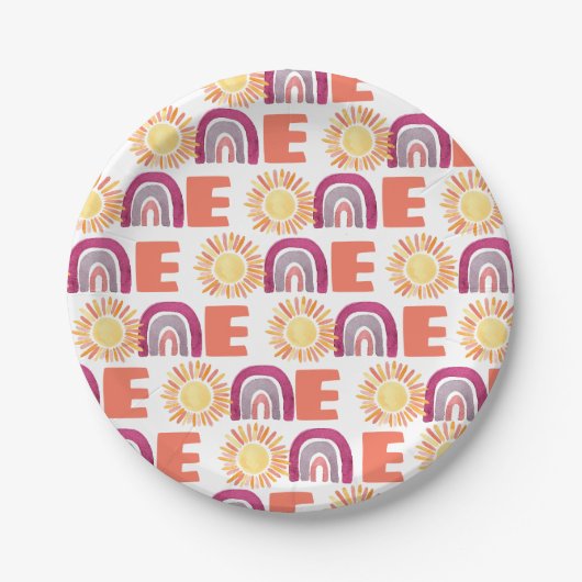 Rainbow & Suns Pattern 1st Birthday Waterverf Papieren Bordje (Voorkant)