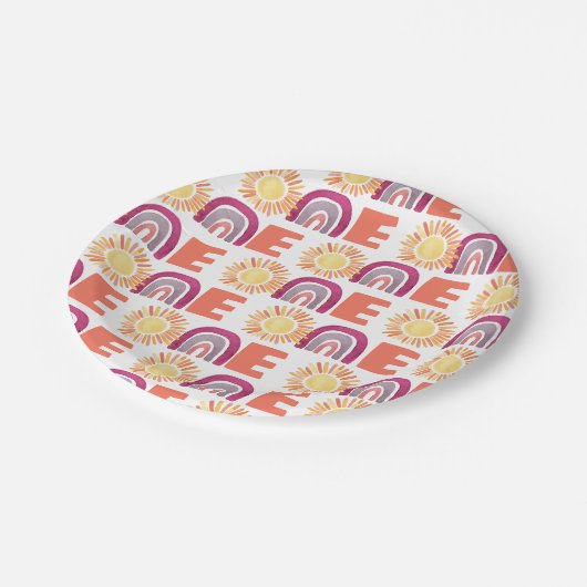 Rainbow & Suns Pattern 1st Birthday Waterverf Papieren Bordje (Gekanteld)