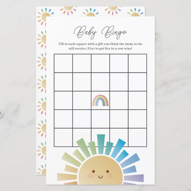 Rainbow Sunshine Baby shower Bingo spel (Voorkant / Achterkant)