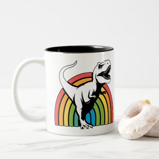 Rainbow T Rex Tweekleurige Koffiemok (Met donut)