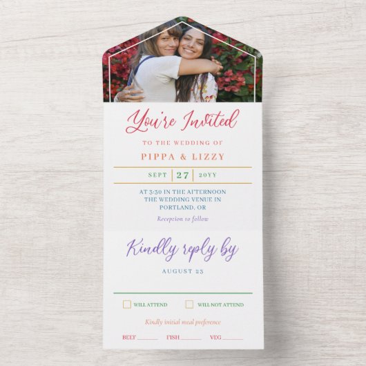 Rainbow Text Je bent uitgenodigd Foto LGBT Wedding All In One Uitnodiging (Binnen)