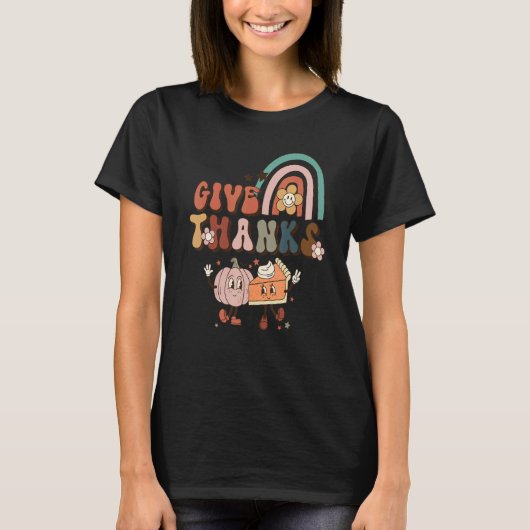 Rainbow Thanksgiving Give Thanks Pumpkin T-shirt (Voorkant)