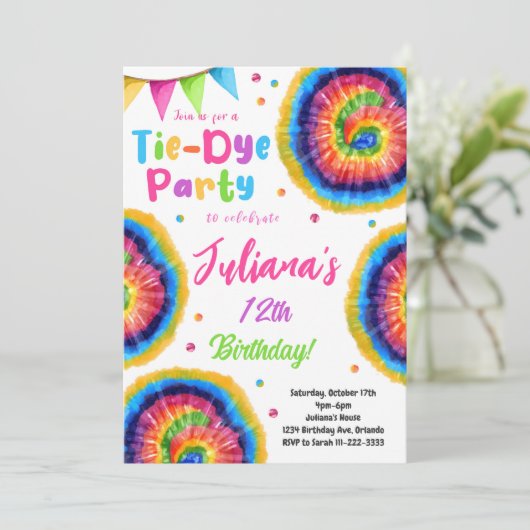 Rainbow Tiedye Invitation d'anniversaire (Debout devant)