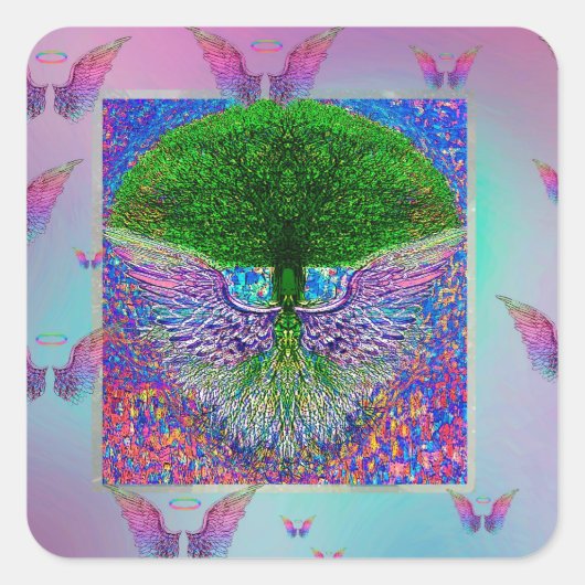 Rainbow Tree of Life met Angel Wings Vierkante Sticker (Voorkant)