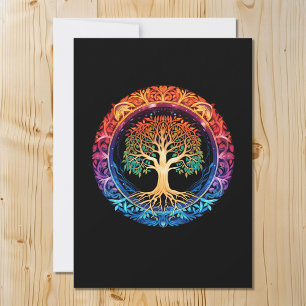 Rainbow Tree of Life op een zwarte achtergrond Feestdagenkaart