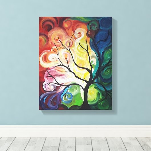Rainbow Tree schilderij op Canvas print van JPDeny (Insitu (Houten vloer))