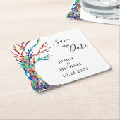 Rainbow Tree Wedding Save the Date Vierkante Kartonnen Onderzetter (Schuin)