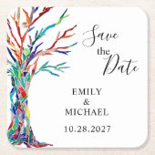 Rainbow Tree Wedding Save the Date Vierkante Kartonnen Onderzetter (Voorkant)