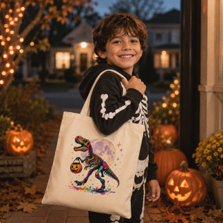 Rainbow Trick or Treat T-Rex Skeleton Tote Bag