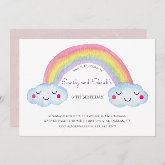 Rainbow Twins Invitation d'anniversaire (Devant / Derrière)