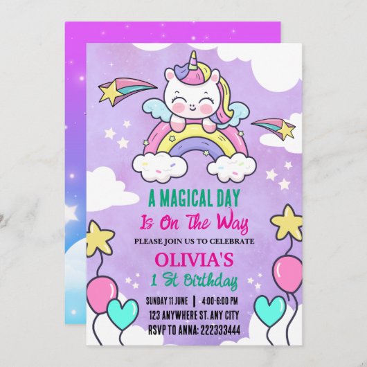 Rainbow Unicorn 1 jarig meisje Kaart (Voorkant / Achterkant)