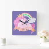 🌈 Rainbow Unicorn - Aangepaste naam Vierkante Klok (Huis)