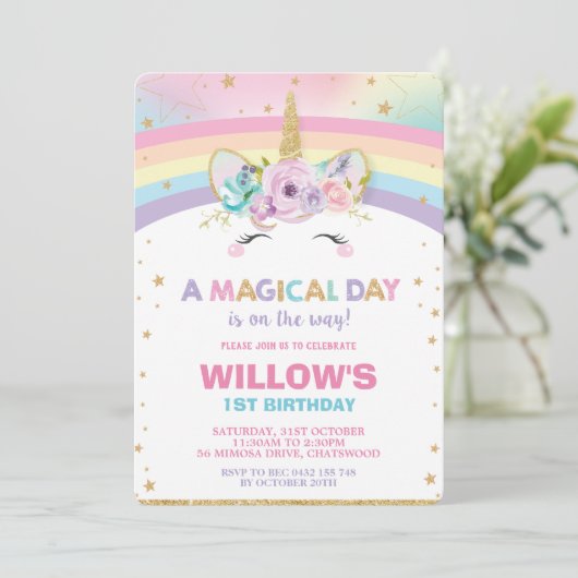 Rainbow Unicorn Anniversaire Invitation 1er Annive (Debout devant)