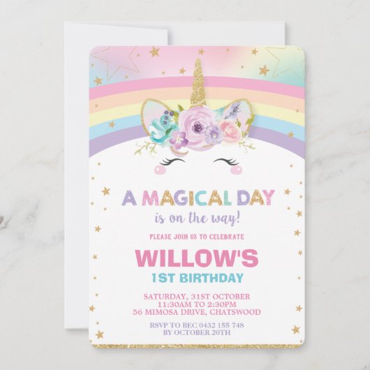 Rainbow Unicorn Anniversaire Invitation 1er Annive (Devant)