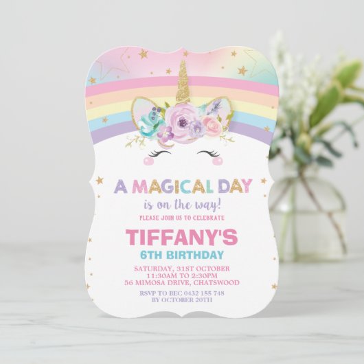 Rainbow Unicorn Anniversaire Invitation 1er Annive (Debout devant)