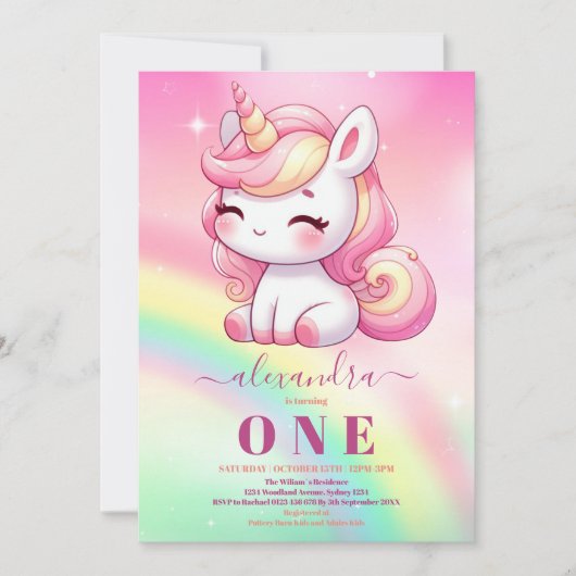 Rainbow Unicorn Anniversaire Invitation 1ère (Devant)