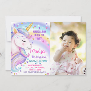 Rainbow Unicorn Anniversaire Invitation avec photo