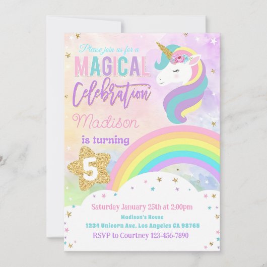 RAINBOW UNICORN Anniversaire Invitation Editable U (Devant)