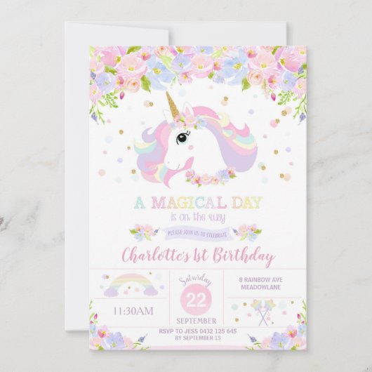Rainbow Unicorn Anniversaire Invitation Plutôt Flo (Devant)