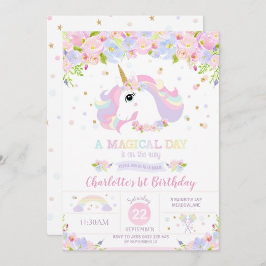 Rainbow Unicorn Anniversaire Invitation Plutôt Flo (Devant / Derrière)