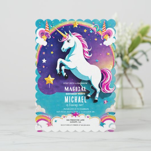 Rainbow Unicorn Anniversaire Invitations - Magique (Debout devant)