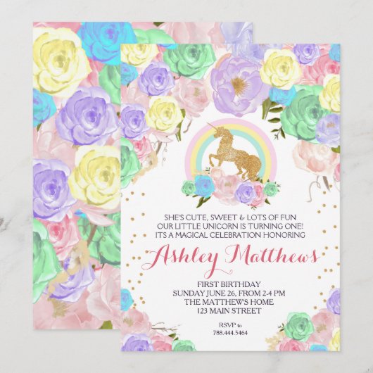 Rainbow Unicorn anniversaire PREMIÈRE Invitation f (Devant / Derrière)