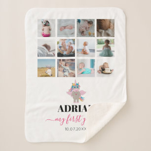 Rainbow Unicorn Baby Girl 1 jaar Foto Collage Sherpa Deken