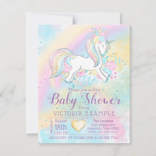 Rainbow Unicorn Baby Girl Shower Invitations (Devant)