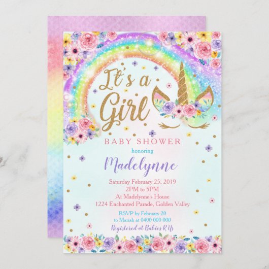 Rainbow Unicorn Baby shower Invitation fille (Devant / Derrière)