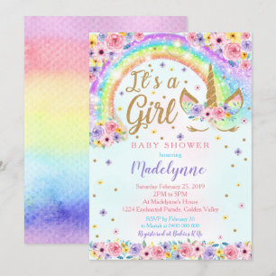 Rainbow Unicorn Baby shower Invitation Girl Kaart
