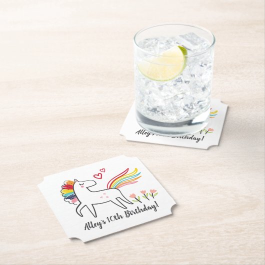 Rainbow Unicorn Birthday Custom Name Kartonnen Onderzetters (Insitu)