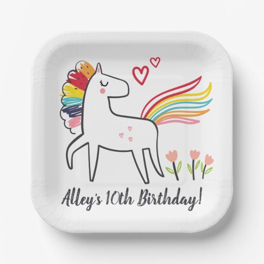 Rainbow Unicorn Birthday Custom Name Stickers Papieren Bordje (Voorkant)