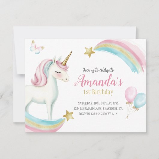 Rainbow Unicorn Birthday Girls Pastel Invitation (Devant)